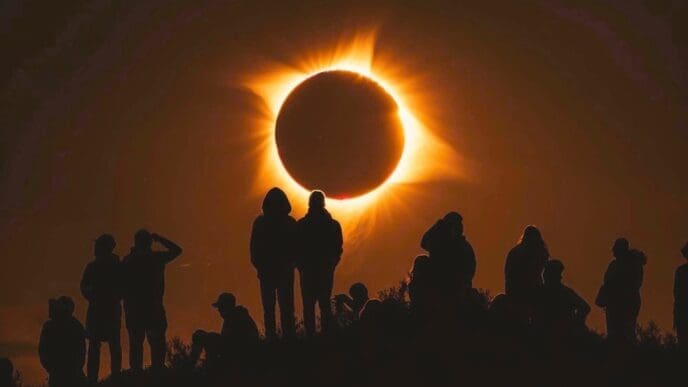 Silhouettes of a group of people, with two figures standing prominently in the center, watching a total solar eclipse with a bright, fiery corona around the moon's silhouette against a dark sky.