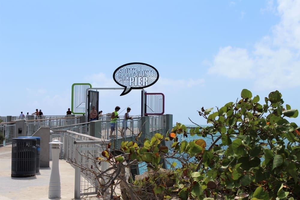 The "South Pointe Park Pier" sign, shaped like a speech bubble, above the entrance to a pier where people are walking and fishing, with green foliage in the foreground and the ocean behind.