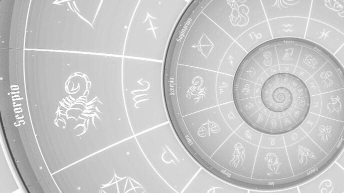 A monochrome spiral design composed of concentric circles with all twelve zodiac signs, creating a visual representation of an astrological chart.