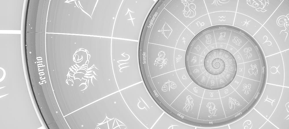 A monochrome spiral design composed of concentric circles with all twelve zodiac signs, creating a visual representation of an astrological chart.
