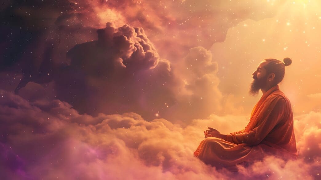 A bearded man in an orange robe meditating in a lotus position amidst dramatic, glowing clouds.