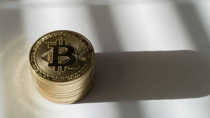 A high-angle view of a neat stack of golden Bitcoin coins on a plain white surface, casting a distinct, elongated shadow.