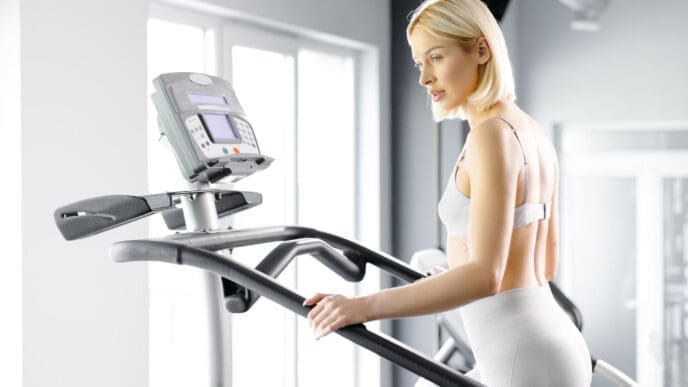 A young woman in sportswear working out on a stairway simulator at the gym.
