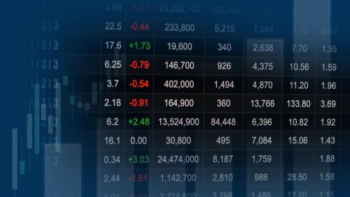 A digital display of stock market data with numbers, percentages, and candlestick charts in shades of blue and grey, showing fluctuations in financial values.