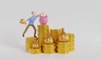A 3D illustration of a cartoon man standing on large stacks of golden coins, putting a coin into a piggy bank, with golden money bags also on the coin stacks, symbolizing retirement savings and growth.