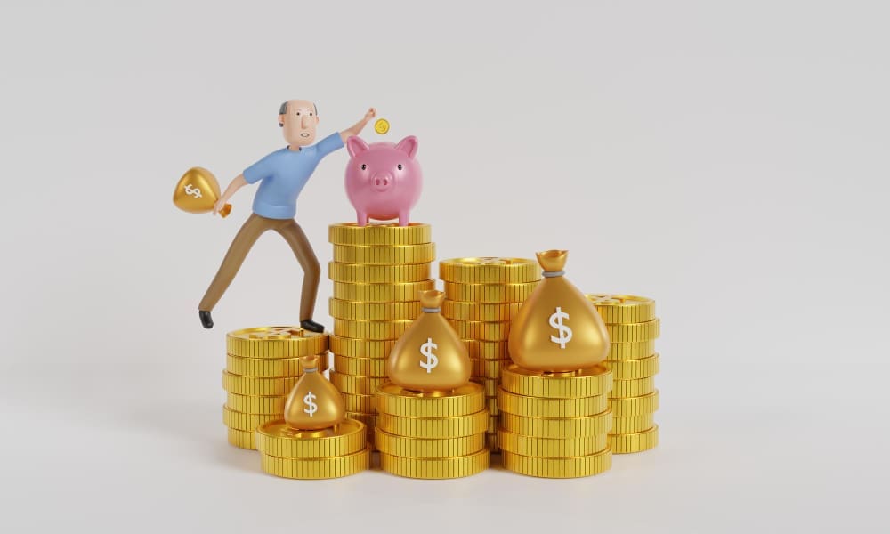A 3D illustration of a cartoon man standing on large stacks of golden coins, putting a coin into a piggy bank, with golden money bags also on the coin stacks, symbolizing retirement savings and growth.
