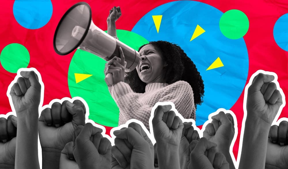 A dynamic collage of a woman shouting into a megaphone, with a crowd of raised fists in the foreground, against a vibrant red background with abstract shapes.