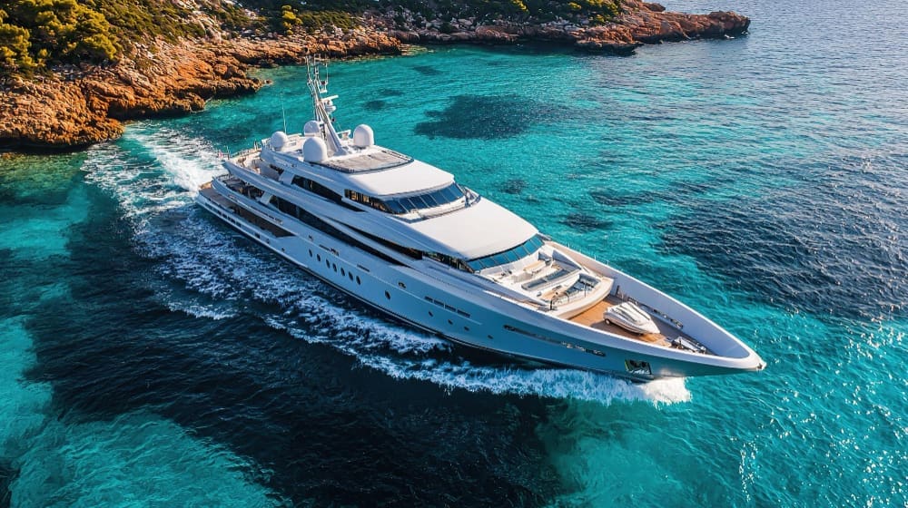 An aerial view of a large, luxurious superyacht cruising through crystal-clear turquoise waters near a rocky coastline.
