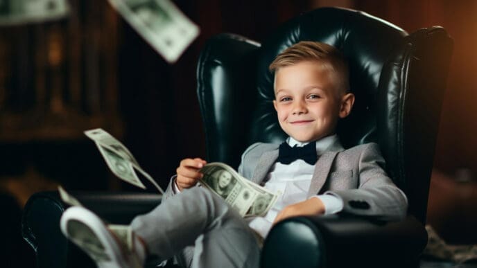 A young boy in a grey suit and bowtie smiles, sitting in a large black leather armchair with dollar bills falling around him and one in his hand, looking like a confident young billionaire.