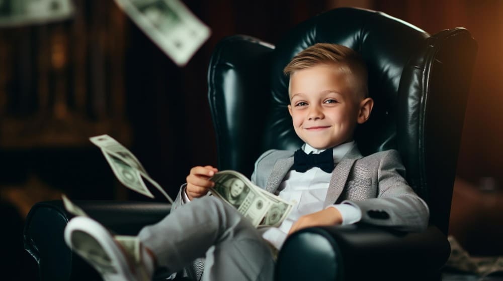 A young boy in a grey suit and bowtie smiles, sitting in a large black leather armchair with dollar bills falling around him and one in his hand, looking like a confident young billionaire.