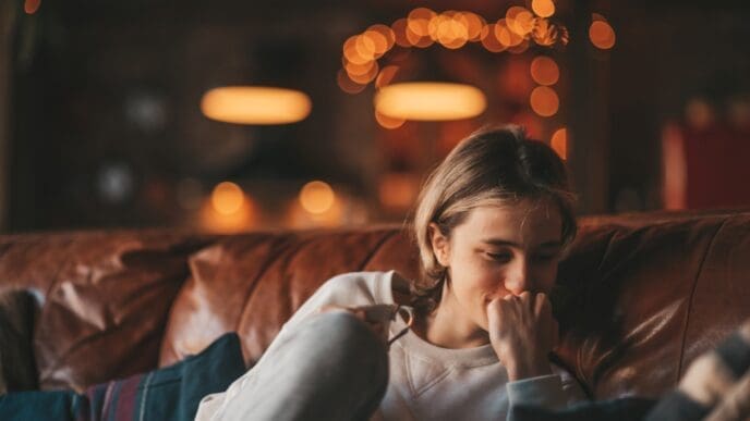 A candid portrait of a teenager sitting on a leather couch in a dimly lit, cozy room with blurred lights in the background, appearing contemplative or somber.