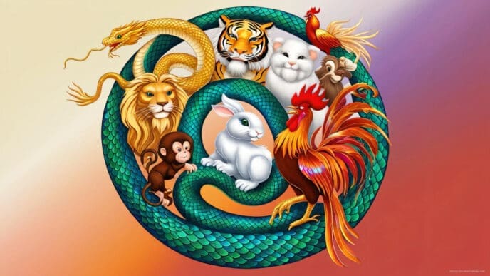A vibrant illustration showcasing multiple Chinese zodiac animals (dragon, tiger, rabbit, monkey, rooster, lion/dog, etc.) coiled around a green snake.
