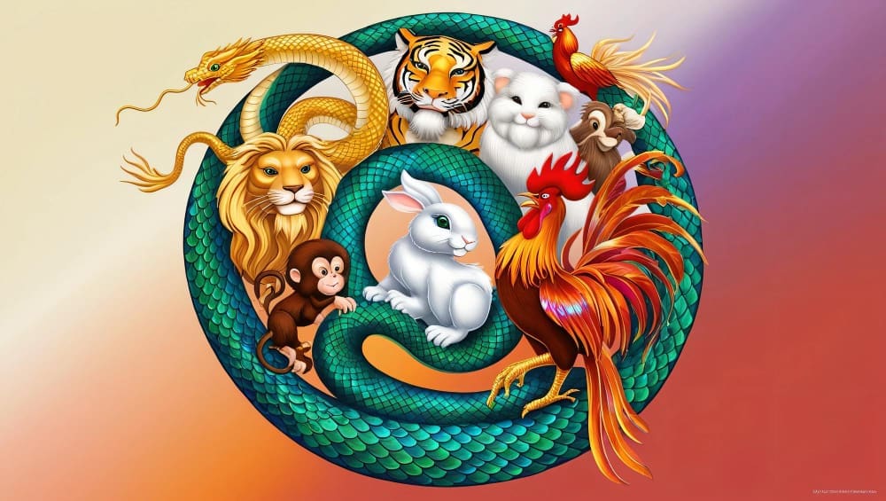 A vibrant illustration showcasing multiple Chinese zodiac animals (dragon, tiger, rabbit, monkey, rooster, lion/dog, etc.) coiled around a green snake.