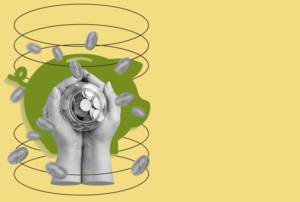 A collage image featuring grayscale hands holding a glass jar of coins, with a large green piggy bank silhouette in the background and coins swirling around it.