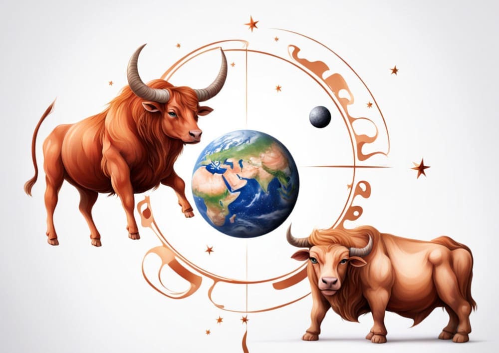 An artistic depiction of two strong, brown oxen on either side of a central astrological diagram featuring the Earth, a moon, and cosmic symbols, all against a white background.