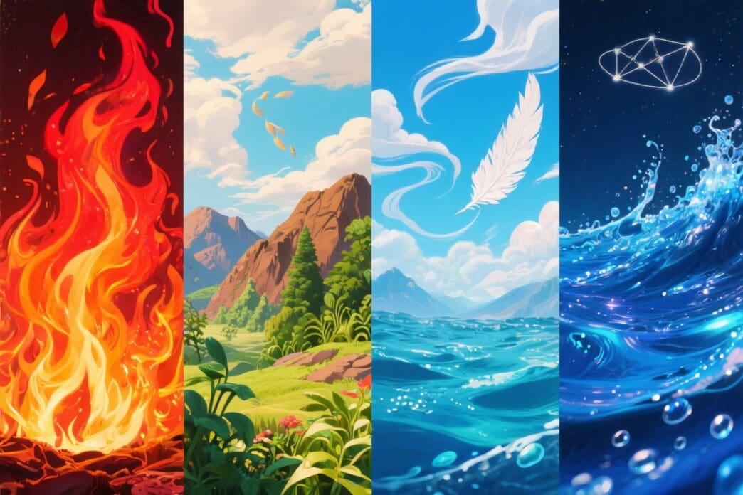 A vibrant four-panel illustration depicting the classical elements: raging fire (red), lush green earth with mountains, a clear blue sky with a white feather, and turbulent blue ocean waves, symbolizing the four elements in astrology.
