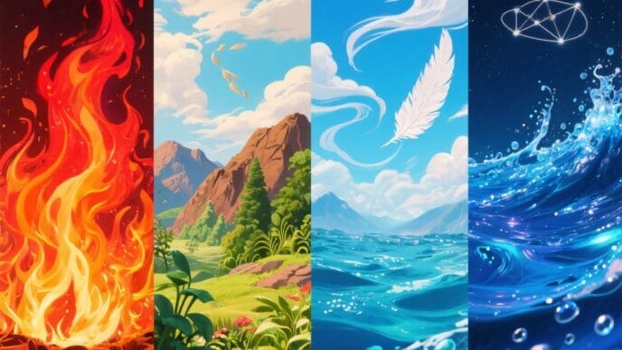A vibrant four-panel illustration depicting the classical elements: raging fire (red), lush green earth with mountains, a clear blue sky with a white feather, and turbulent blue ocean waves, symbolizing the four elements in astrology.
