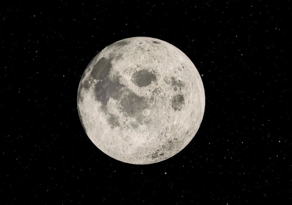 A detailed view of the full moon with its craters against a black, star-filled sky.