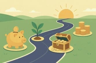 An illustration depicting a winding road leading towards a sunrise, with a piggy bank, growing plant, treasure chest, and coin stacks along the path, symbolizing a financial journey.