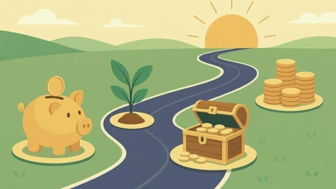 An illustration depicting a winding road leading towards a sunrise, with a piggy bank, growing plant, treasure chest, and coin stacks along the path, symbolizing a financial journey.