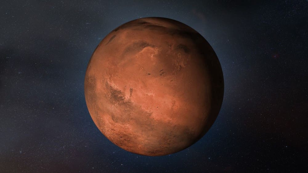 A detailed rendering of the planet Mars with its reddish, cratered surface, set against a dark starry background.