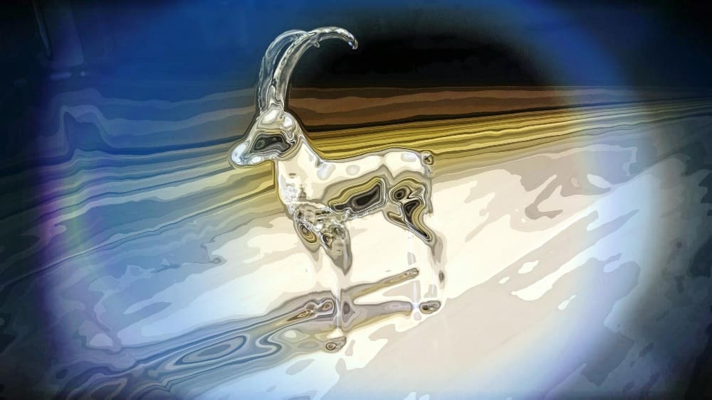 A shimmering, stylized translucent sculpture of a goat or ram with long horns, standing on a reflective surface, with an abstract background of swirling blues, yellows, and oranges, creating an ethereal effect.