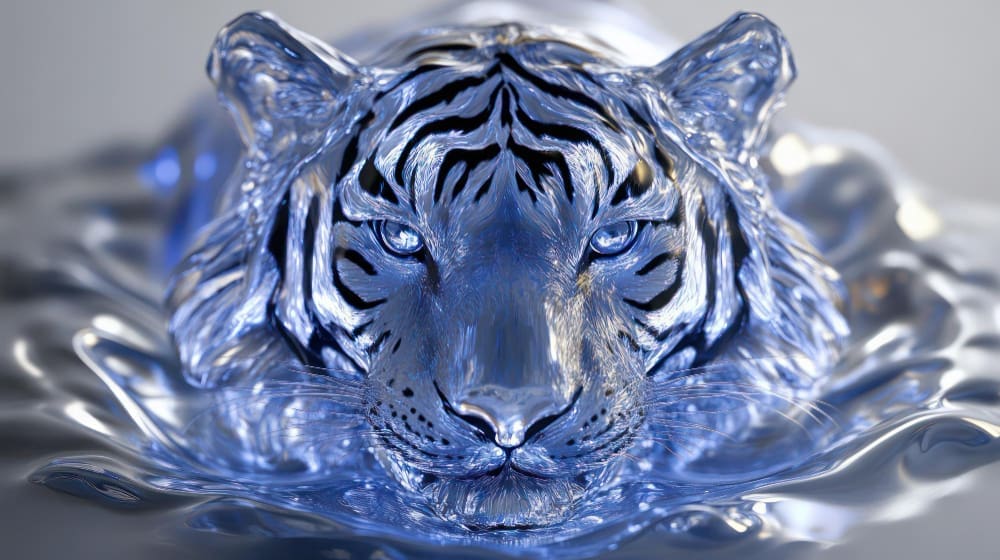 A mesmerizing close-up of a metallic blue tiger's head emerging from rippling, liquid-like surfaces, with striking bright blue eyes and dark stripes, representing the Water Tiger.