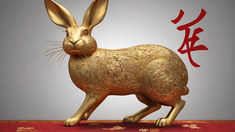 A detailed golden sculpture of a rabbit adorned with intricate floral patterns, standing on a red patterned surface, with a red Chinese character for "rabbit" in the upper right, against a gradient grey background.