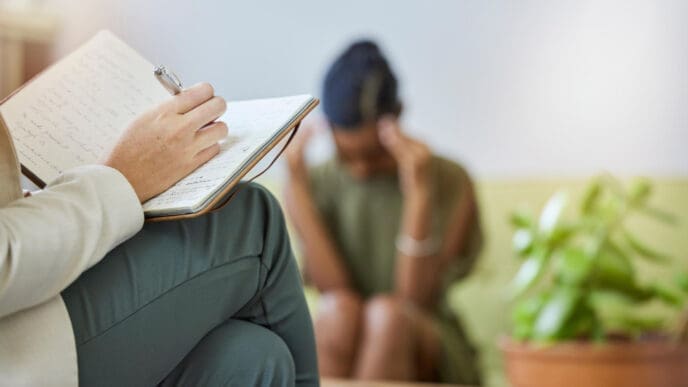 A therapist taking notes during a session, with a distressed patient blurred in the background, symbolizing mental health support.