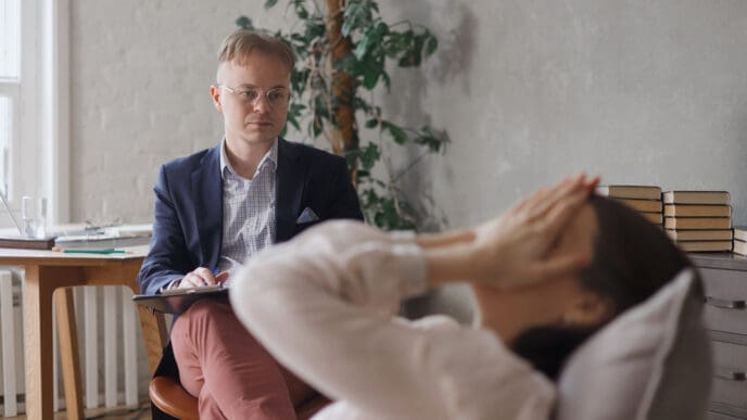 A man, possibly a therapist, looking at a person lying on a couch with their face covered, suggesting emotional distress.