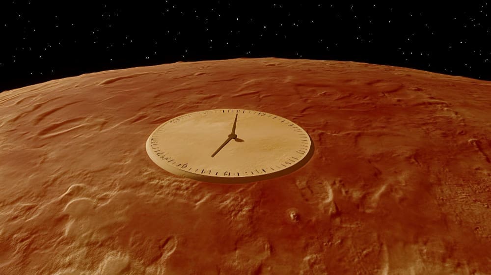 A large, round clock face with hands is embedded on the surface of a reddish, cratered celestial body resembling Mars, set against a dark, starry sky, symbolizing time and planetary influence.