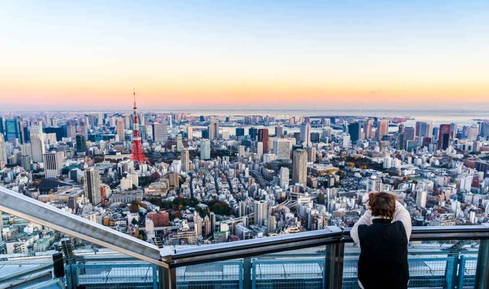 A panoramic, high-angle view of the vast Tokyo cityscape at sunset or sunrise, seen from an observation deck. The iconic Tokyo Tower is visible, and a person is looking out at the sprawling urban landscape from the railing.