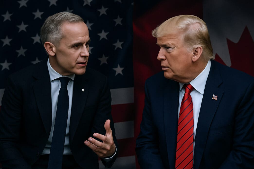 Mark Carney in a dark suit gesturing, and Donald Trump, facing each other with US and Canadian flags in the background.