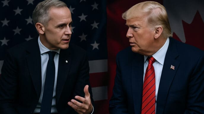 Mark Carney in a dark suit gesturing, and Donald Trump, facing each other with US and Canadian flags in the background.