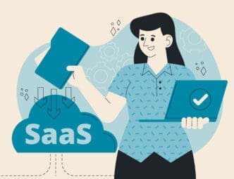 A flat illustration of a woman interacting with a cloud labeled "SaaS," with a folder uploading data and a laptop, symbolizing software as a service.