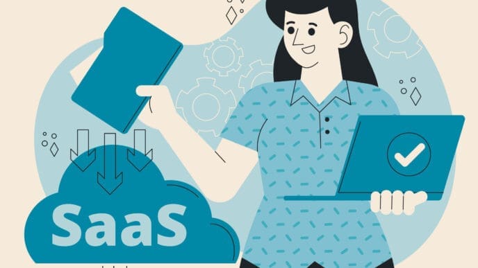 A flat illustration of a woman interacting with a cloud labeled "SaaS," with a folder uploading data and a laptop, symbolizing software as a service.