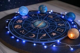 A dark blue astrological chart with zodiac symbols and planetary glyphs, surrounded by twinkling blue string lights and several small spherical models of planets, resting on a dark surface.