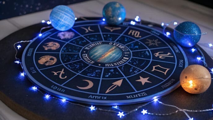 A dark blue astrological chart with zodiac symbols and planetary glyphs, surrounded by twinkling blue string lights and several small spherical models of planets, resting on a dark surface.