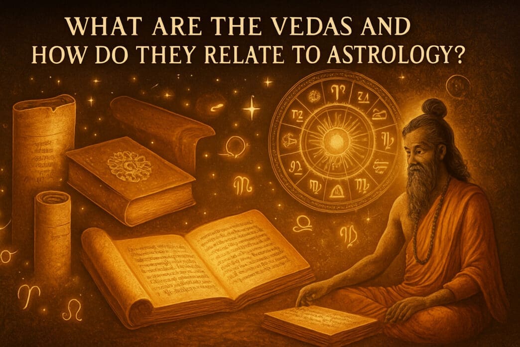 A depiction of a meditating sage surrounded by ancient texts and an astrological chart, with the question "WHAT ARE THE VEDAS AND HOW DO THEY RELATE TO ASTROLOGY?".