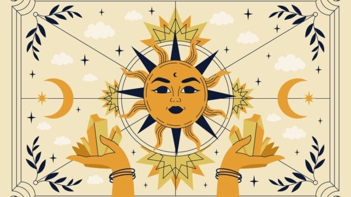 A whimsical astrological illustration featuring a central stylized sun with a face, flanked by crescent moons. Two hands holding glowing crystals rise from the bottom, all surrounded by stars and leafy branches on a light background, symbolizing cosmic and spiritual guidance.