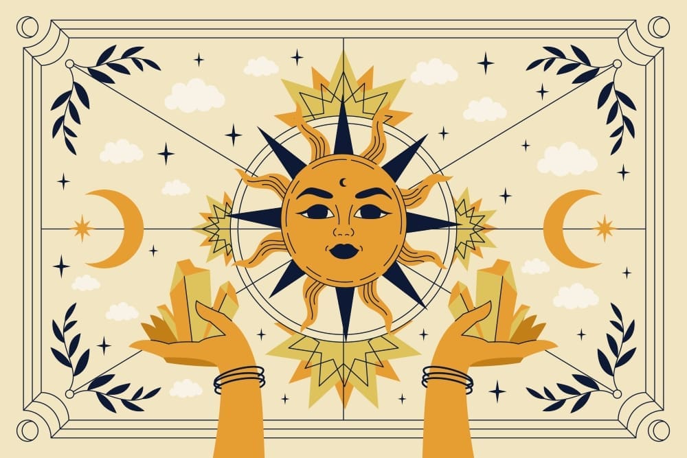 A whimsical astrological illustration featuring a central stylized sun with a face, flanked by crescent moons. Two hands holding glowing crystals rise from the bottom, all surrounded by stars and leafy branches on a light background, symbolizing cosmic and spiritual guidance.