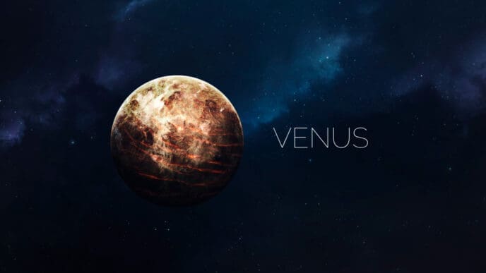 A detailed digital illustration of the planet Venus, showing its reddish-brown and white swirling cloud patterns, set against a dark, starry cosmic background with subtle nebulae and the word "VENUS" in white text.