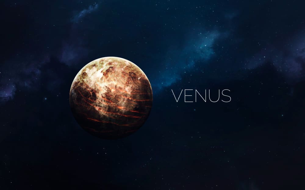 A detailed digital illustration of the planet Venus, showing its reddish-brown and white swirling cloud patterns, set against a dark, starry cosmic background with subtle nebulae and the word "VENUS" in white text.