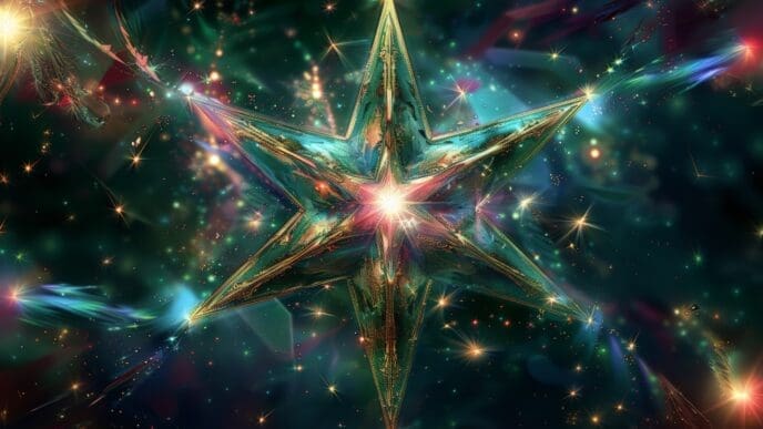 A vibrant digital illustration of a large, multifaceted six-pointed star, glowing with teal, green, gold, and pink hues, surrounded by numerous smaller stars and abstract light streaks against a dark, cosmic background.
