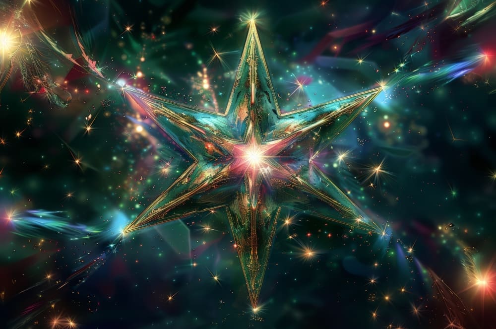 A vibrant digital illustration of a large, multifaceted six-pointed star, glowing with teal, green, gold, and pink hues, surrounded by numerous smaller stars and abstract light streaks against a dark, cosmic background.