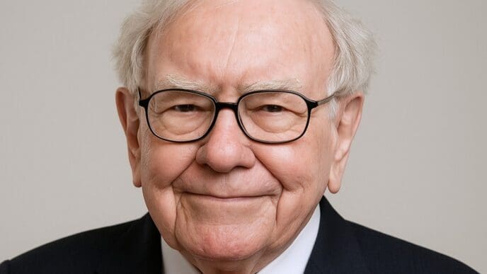 Close-up headshot of Warren Buffett, smiling and wearing glasses, against a light background.