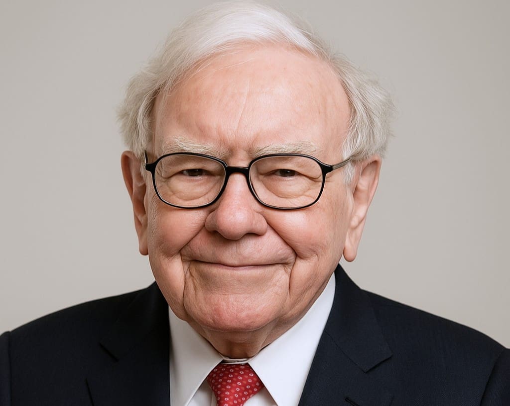 Close-up headshot of Warren Buffett, smiling and wearing glasses, against a light background.