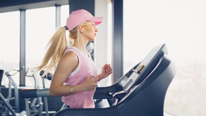 A young woman with long blonde hair and a pink baseball cap runs on a treadmill in a gym, wearing a pink tank top and earphones, looking focused as she runs next to a large window.