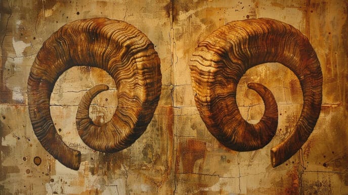 An artistic painting depicting two large, textured brown ram's horns, spiraling inwards, set against a distressed, abstract background in shades of brown and gold, resembling cracked earth.