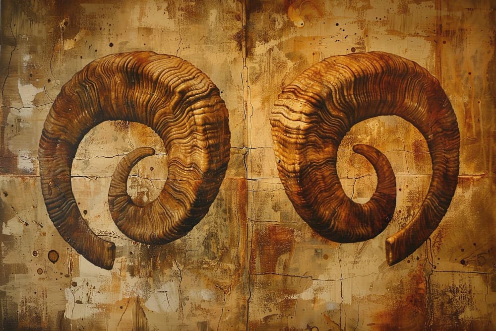 An artistic painting depicting two large, textured brown ram's horns, spiraling inwards, set against a distressed, abstract background in shades of brown and gold, resembling cracked earth.